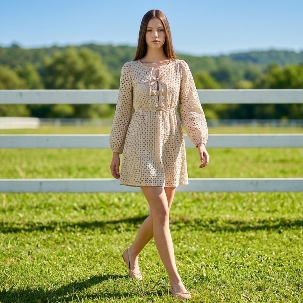 Zesica Womens Beige Eyelet Mini Dress Long Sleeve Bow Front Size M Boho Romantic
